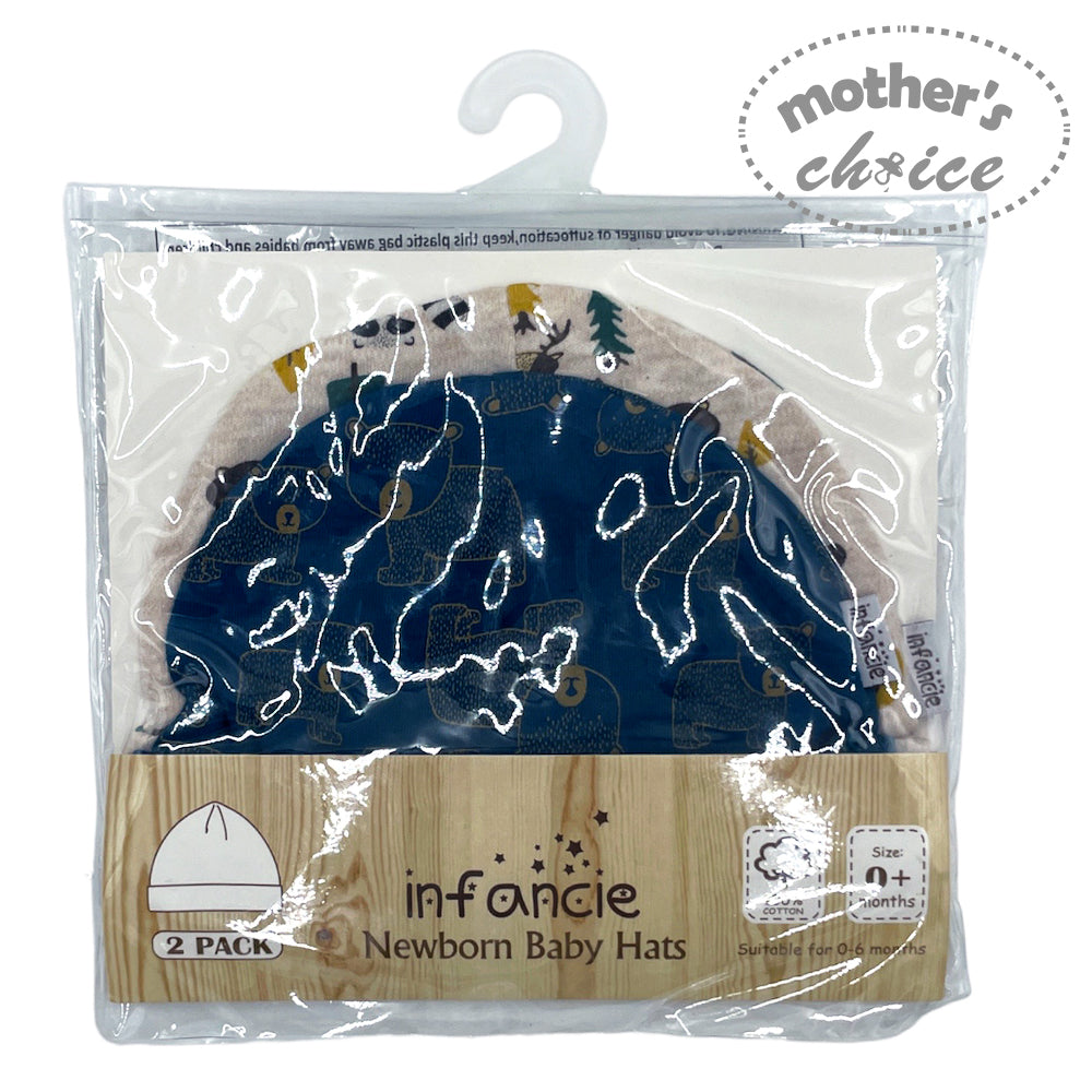Packaged newborn baby hats with blue and white designs, brand 'infancie' visible.