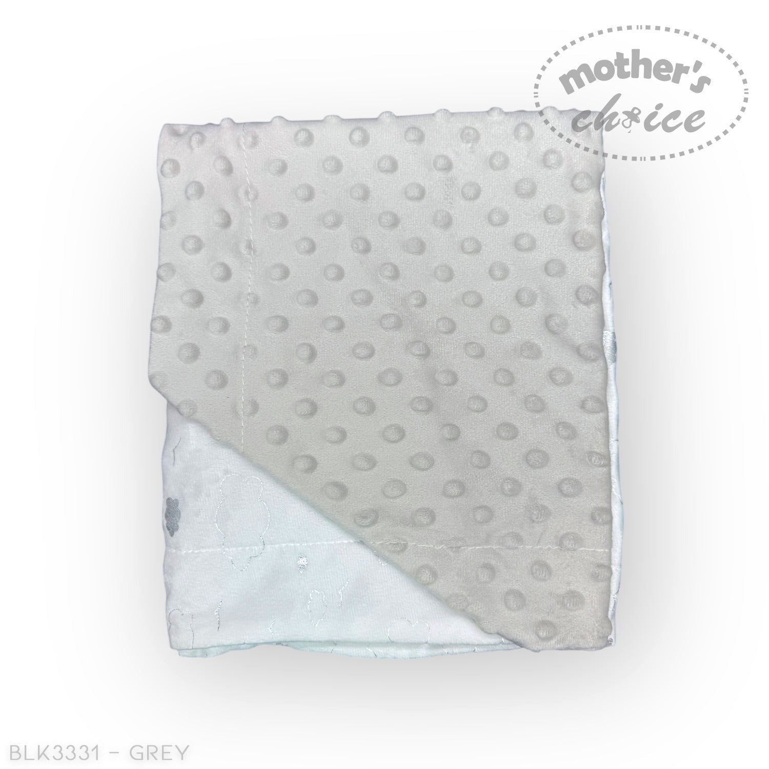 Gray textured blanket with light blue reverse side on a white background, branded 'Mother's Choice'.