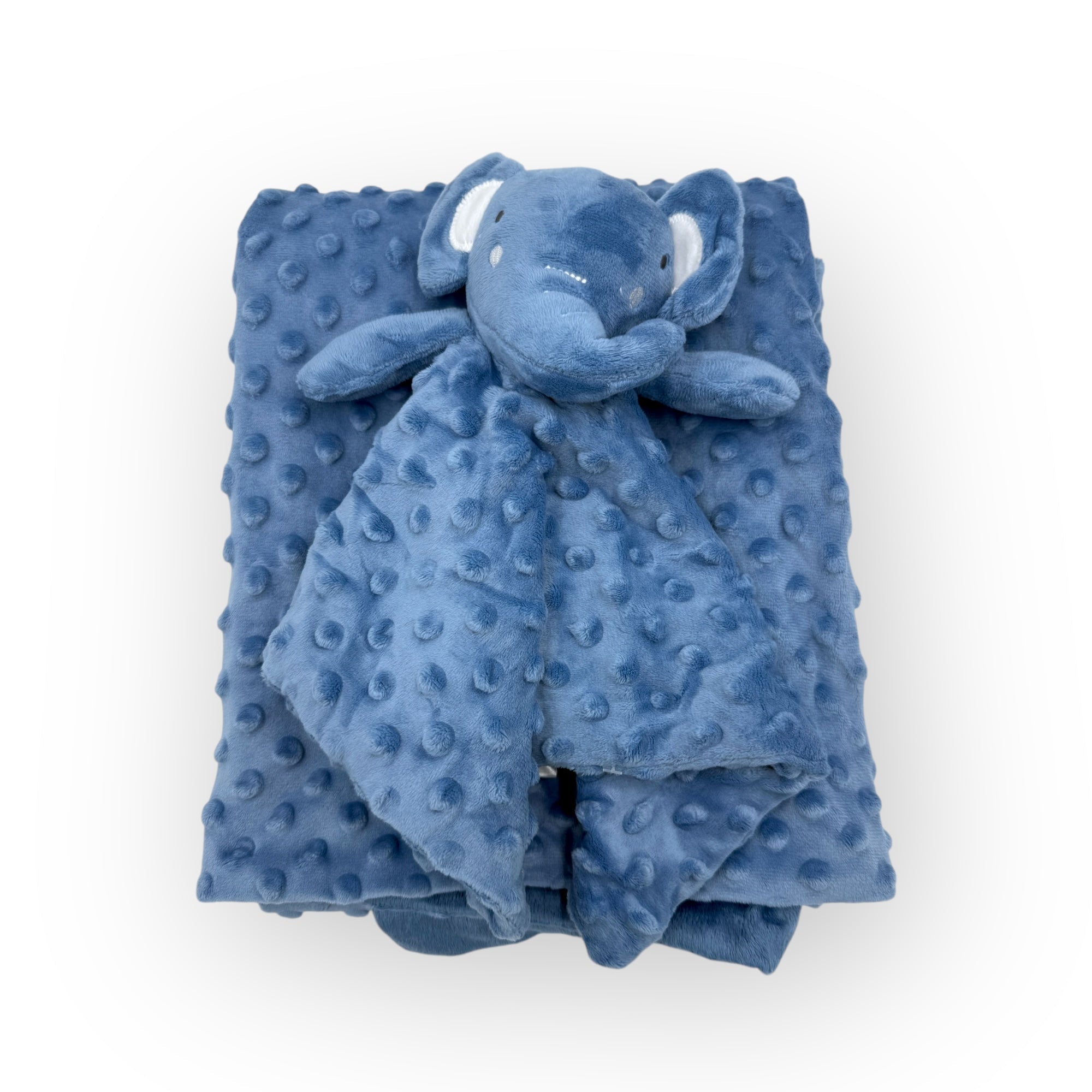 Blue textured blanket with a soft toy elephant on a white background