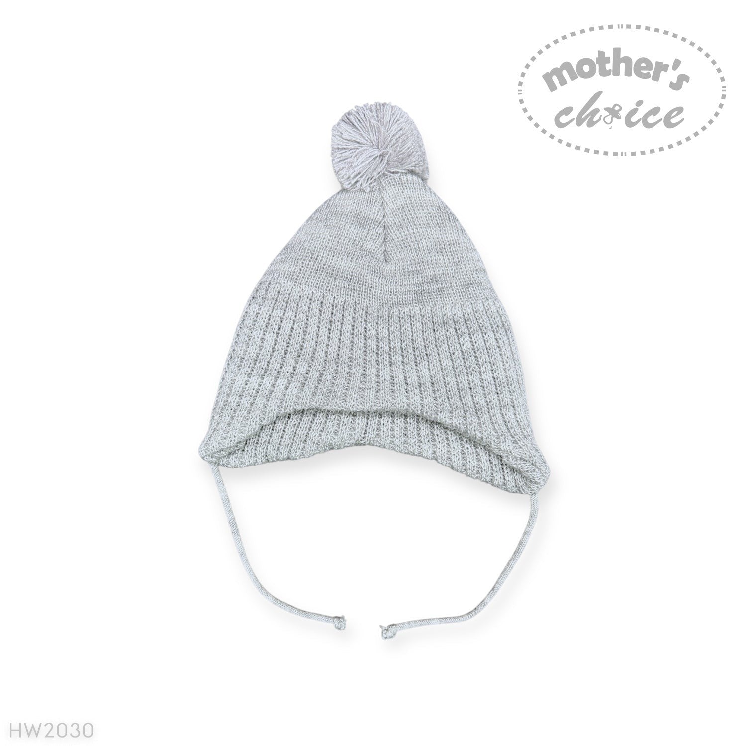 Gray knit baby hat with a pom-pom on a white background, branded 'Mother's Choice'.
