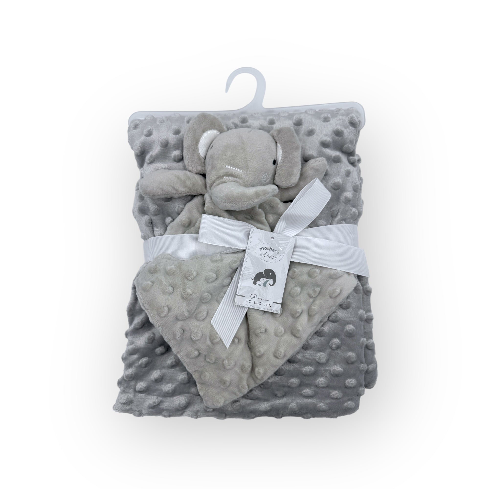 Gray elephant plush toy and blanket set on a white background