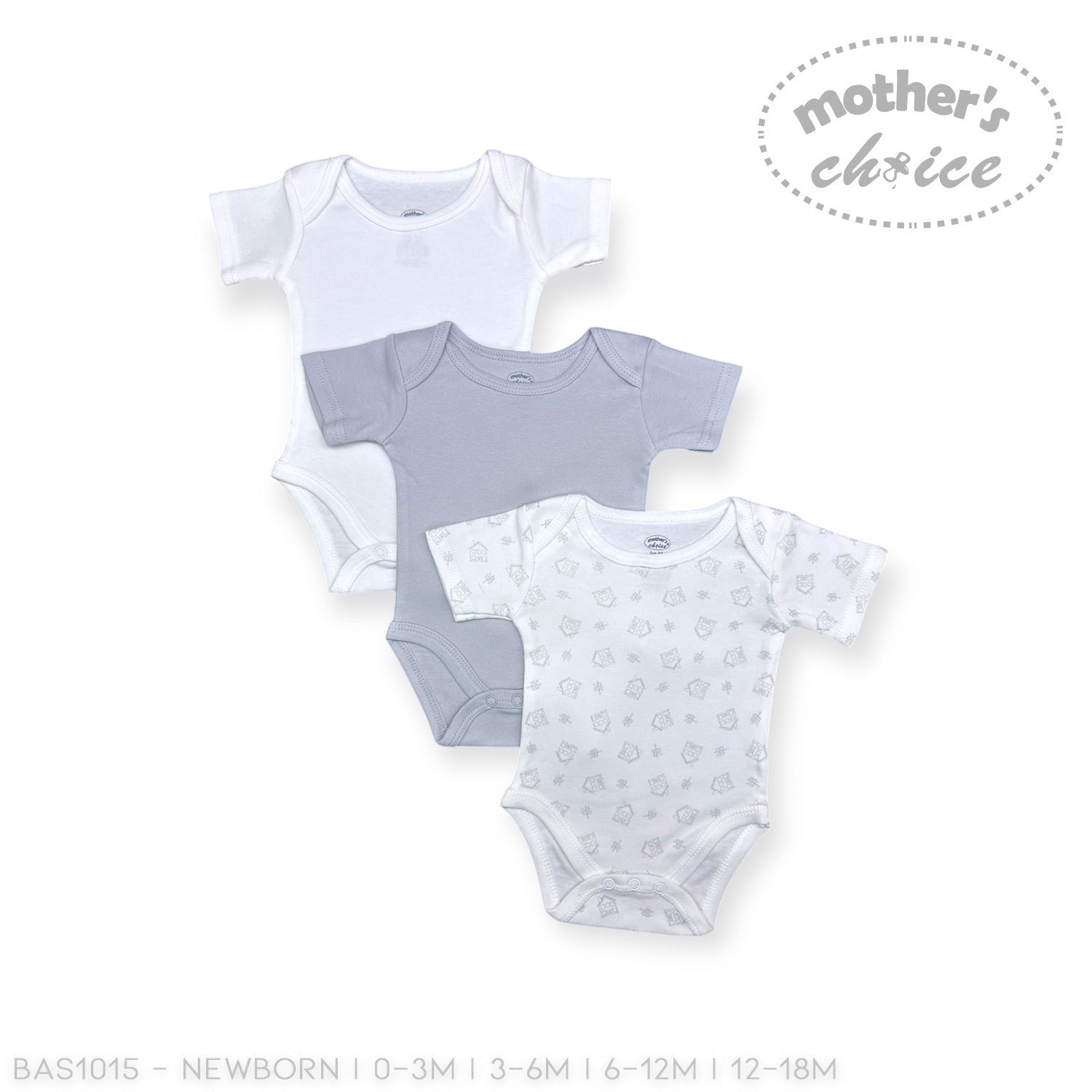 Three baby bodysuits in white, gray, and patterned designs on a white background with 'Mother's Choice' branding.