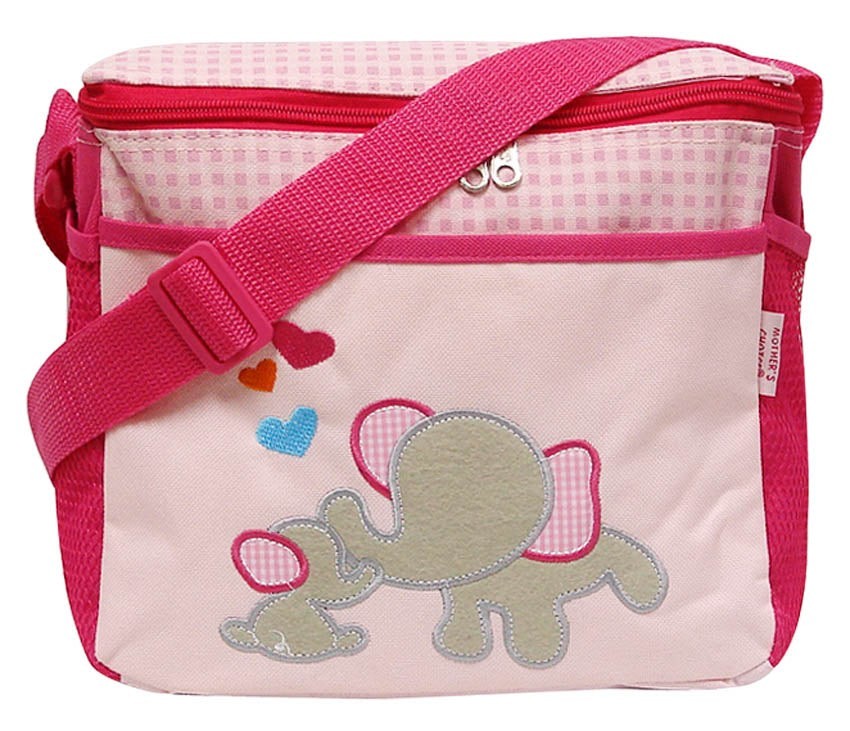 Pink children's bag with an elephant design and colorful hearts on a white background
