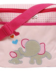 Pink children's bag with an elephant design and colorful hearts on a white background