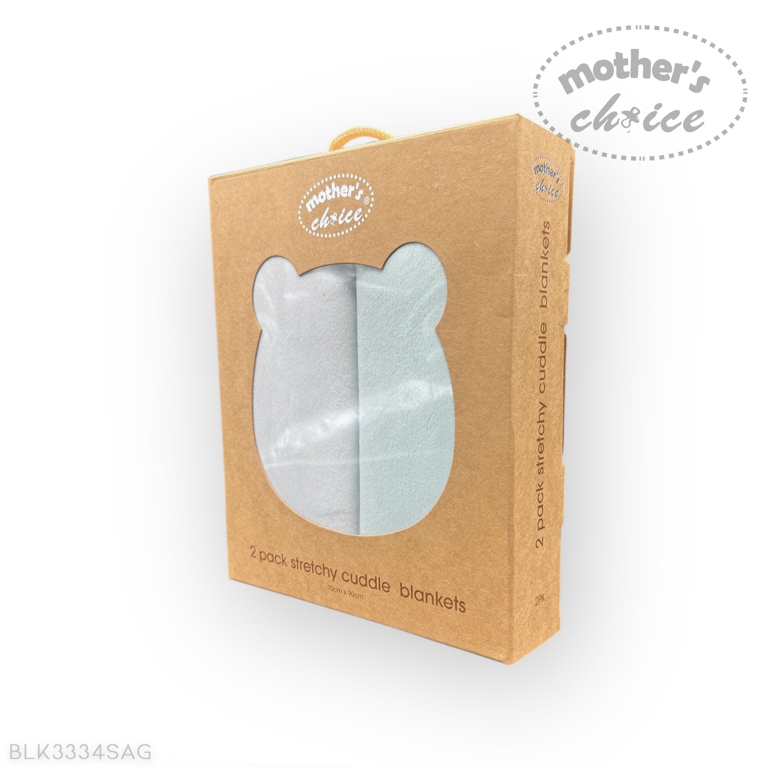Kraft paper packaging for 2-pack stretchy cuddle blankets with 'Mother's Choice' branding.