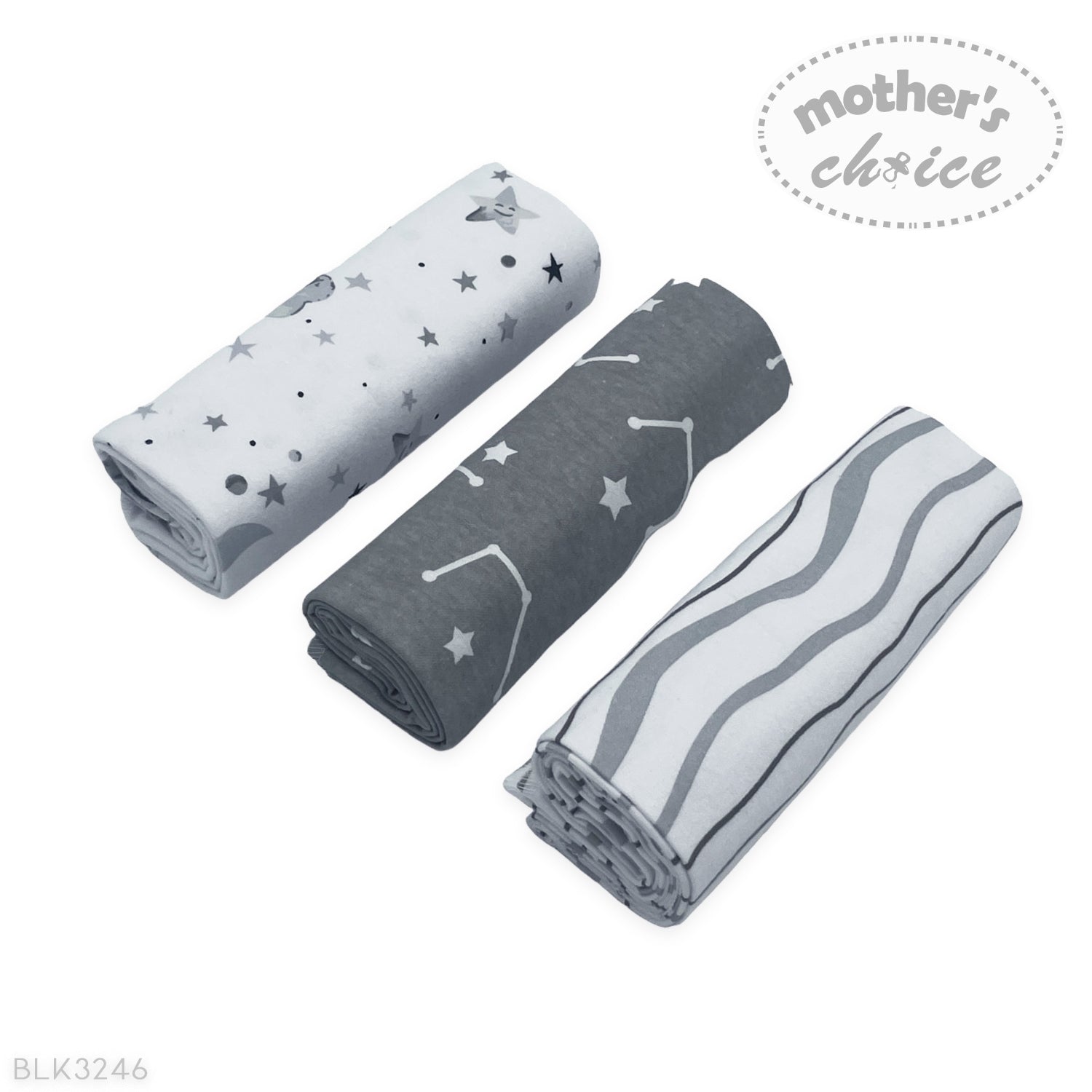 Three rolled-up baby swaddle blankets with star patterns on a white background, branded 'Mother's Choice'.