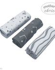 Three rolled-up baby swaddle blankets with star patterns on a white background, branded 'Mother's Choice'.