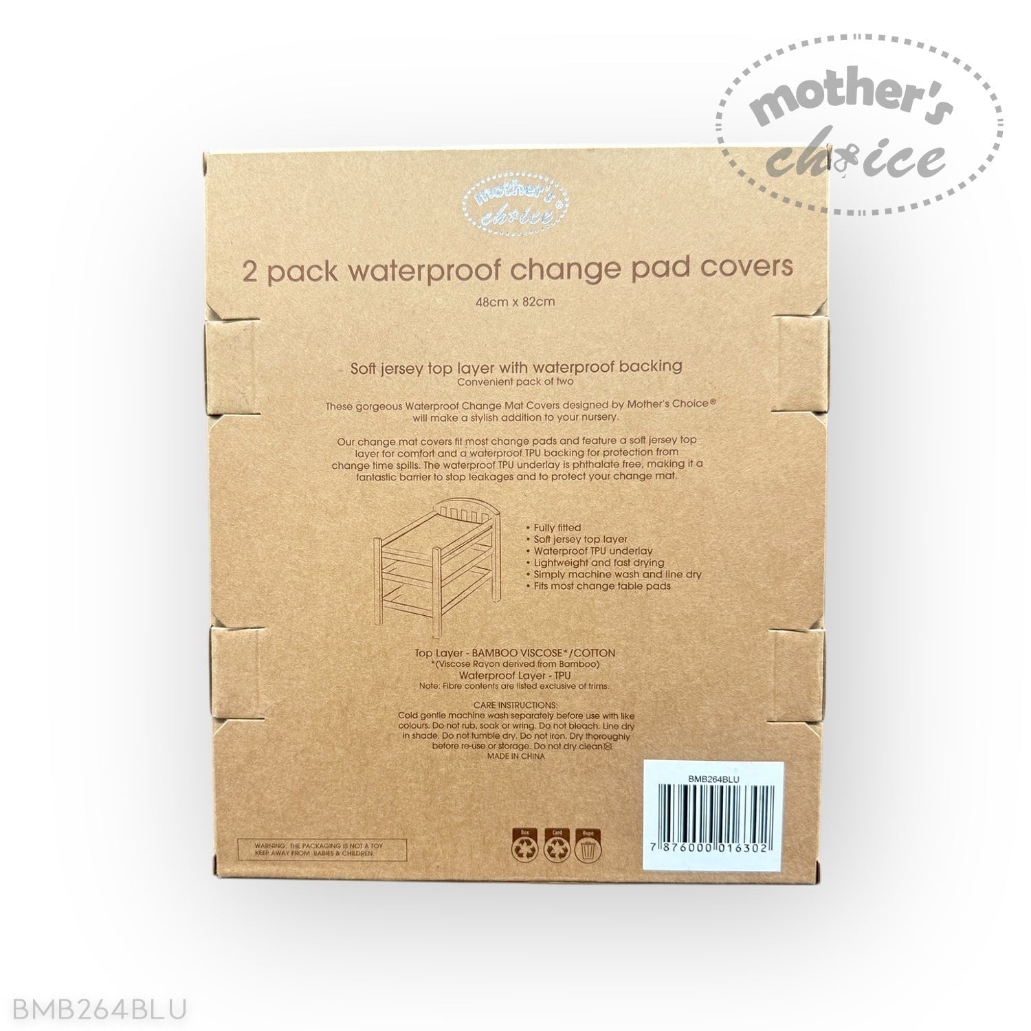 Cardboard box packaging for 2-pack waterproof change pad covers with 'Mother's Choice' branding.