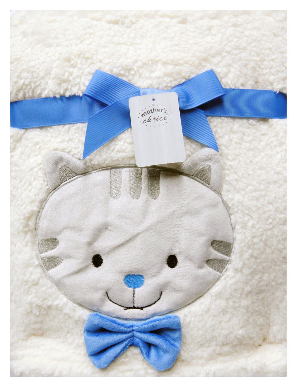 Plush toy with cat face design and blue bow tie on a white blanket, branded 'Mother's Choice'.