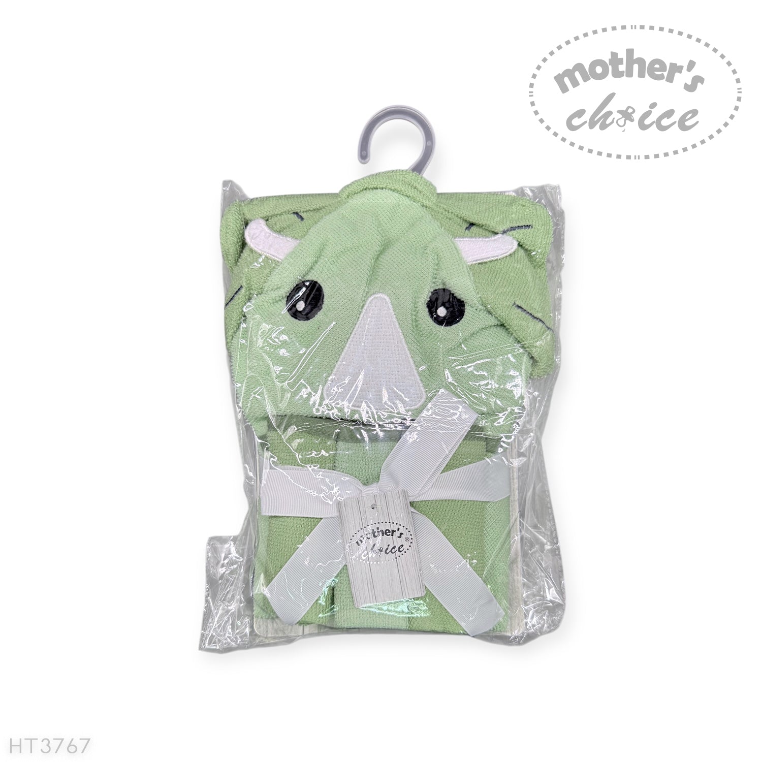 Green baby romper with animal design on a hanger, branded 'Mother's Choice'.