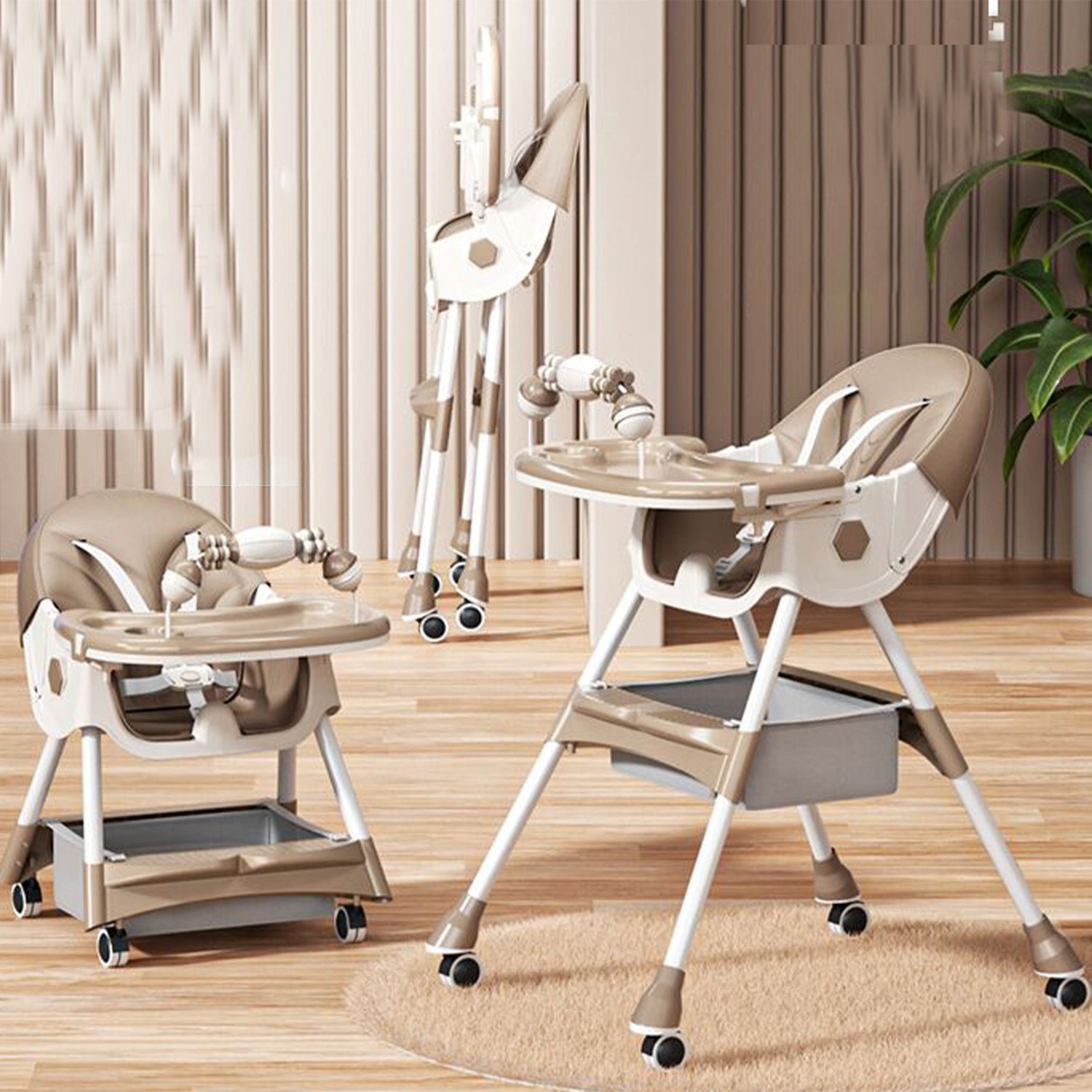 Two beige high chairs with trays on a wooden floor.