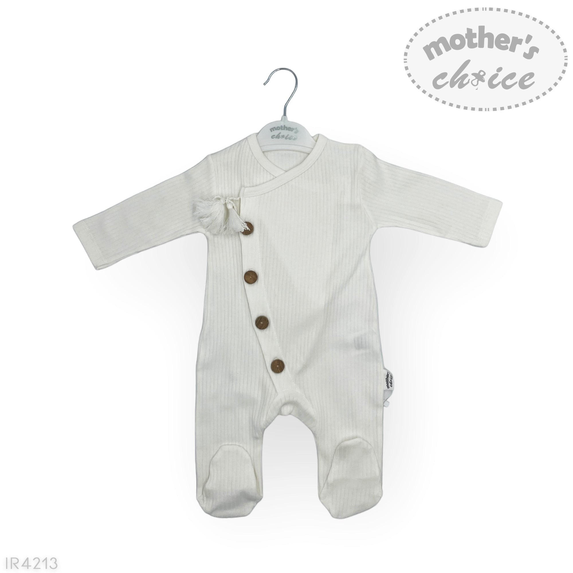 Baby onesie with buttons on a hanger against a white background, featuring 'mother's choice' branding.