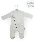 Baby onesie with buttons on a hanger against a white background, featuring 'mother's choice' branding.