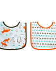 Two baby bibs with animal and geometric patterns on a white background