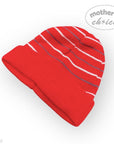 Red beanie with white stripes on a white background, featuring 'mother's choice' branding.