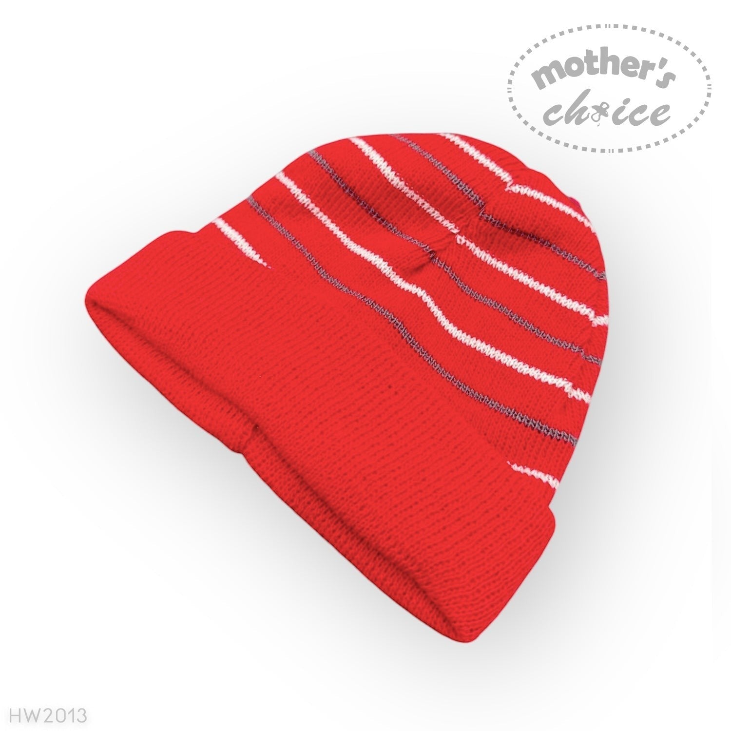 Red beanie with white stripes on a white background, featuring 'mother's choice' branding.