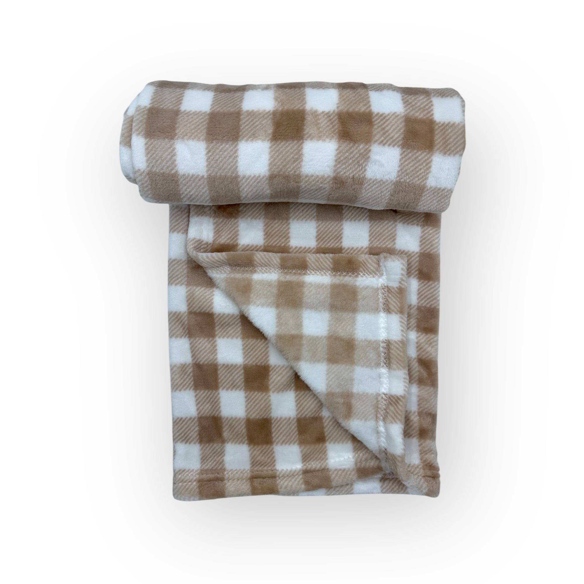 Folded brown and white checkered blanket on a white background