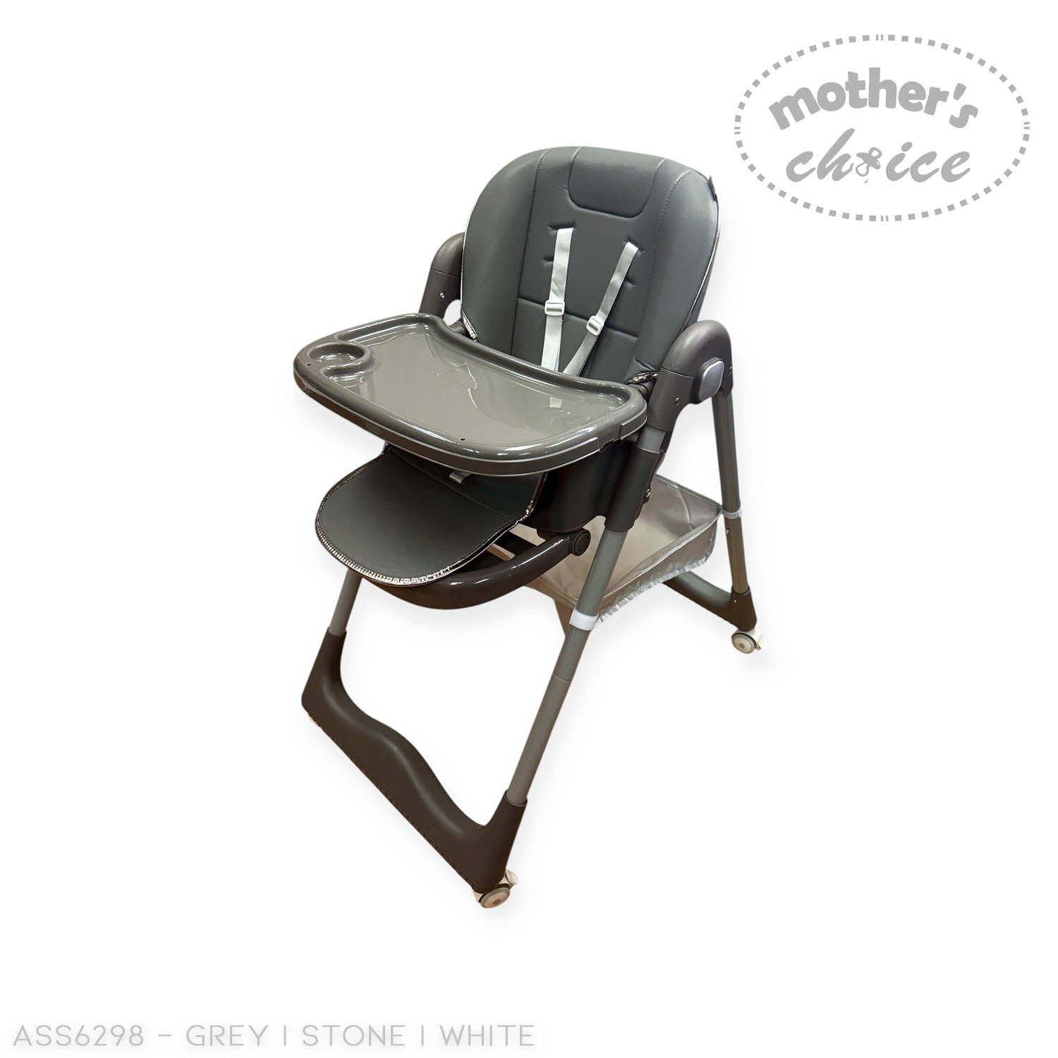Gray high chair with tray on a white background, branded 'Mother's Choice'.
