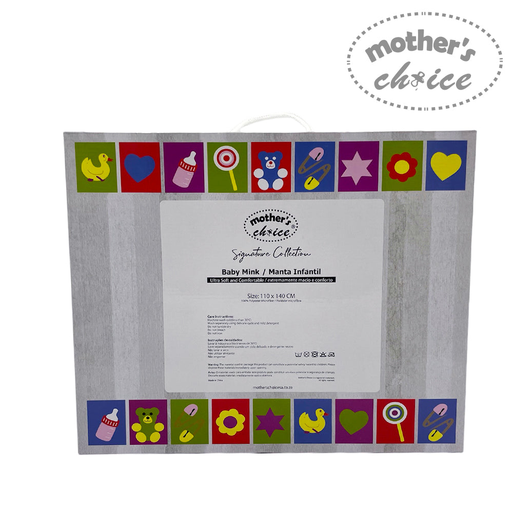 Baby blanket packaging with colorful icons and 'Mother's Choice' branding on a white background