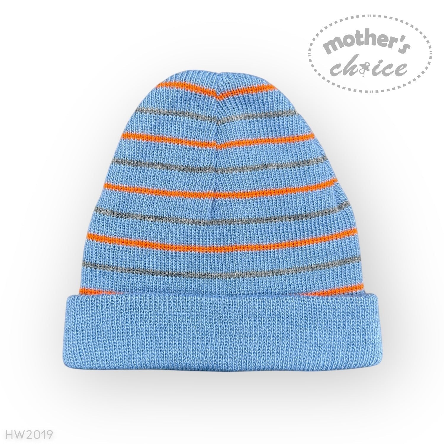 Blue knit beanie with orange and gray stripes on a white background, featuring 'mother's choice' branding.