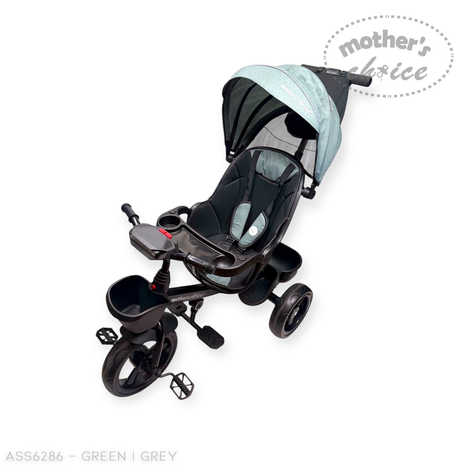 Black and gray stroller with a canopy on a white background, featuring 'Mother's Choice' branding.