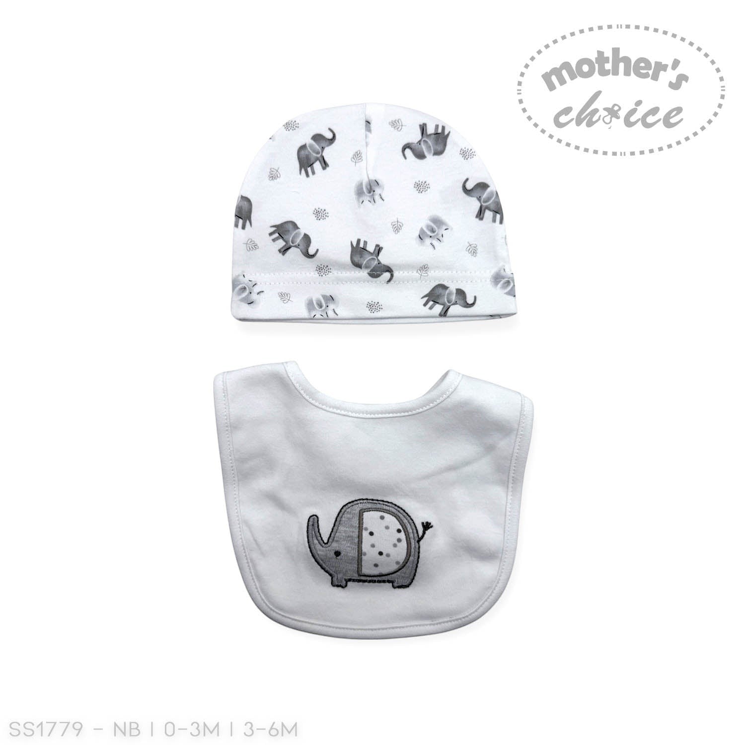 Baby hat and bib set with elephant design on a white background, featuring 'Mother's Choice' branding.