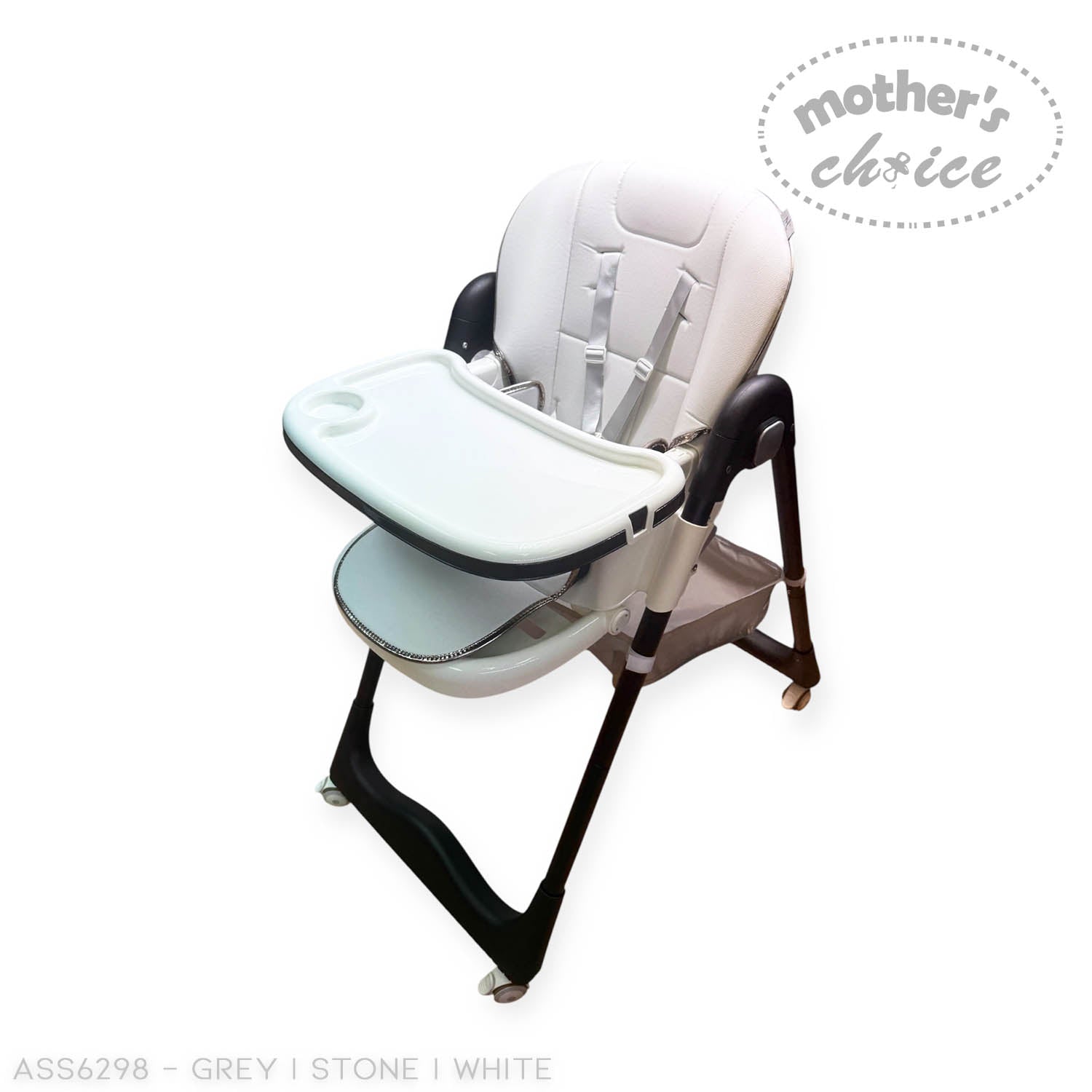 Baby high chair with tray on a white background, branded 'Mother's Choice'.