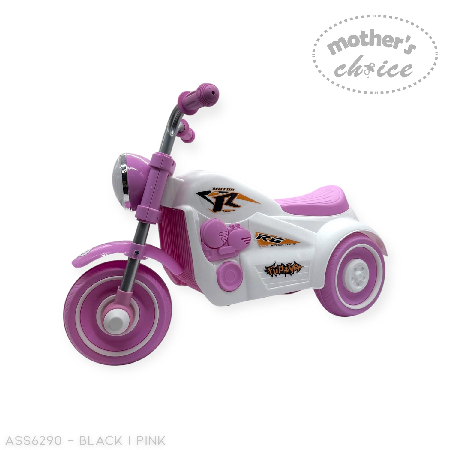 Black and pink toy tricycles with 'Mother's Choice' label on a white background