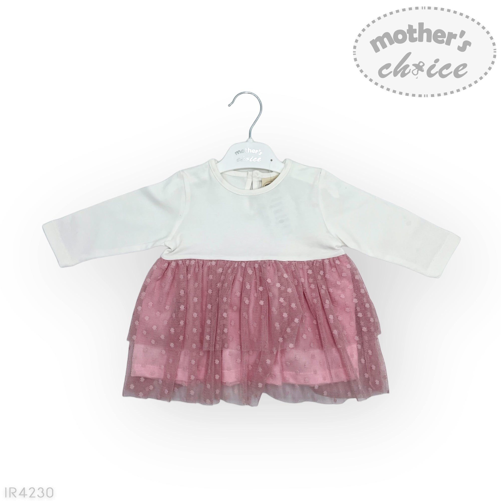 White shirt with pink skirt on a hanger against a white background, branded 'Mother's Choice'.