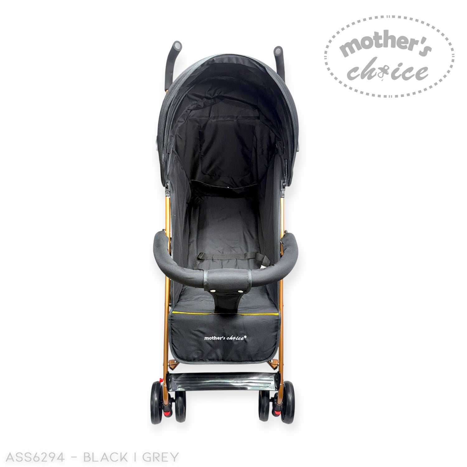 Black and gray stroller with 'Mother's Choice' branding on a white background