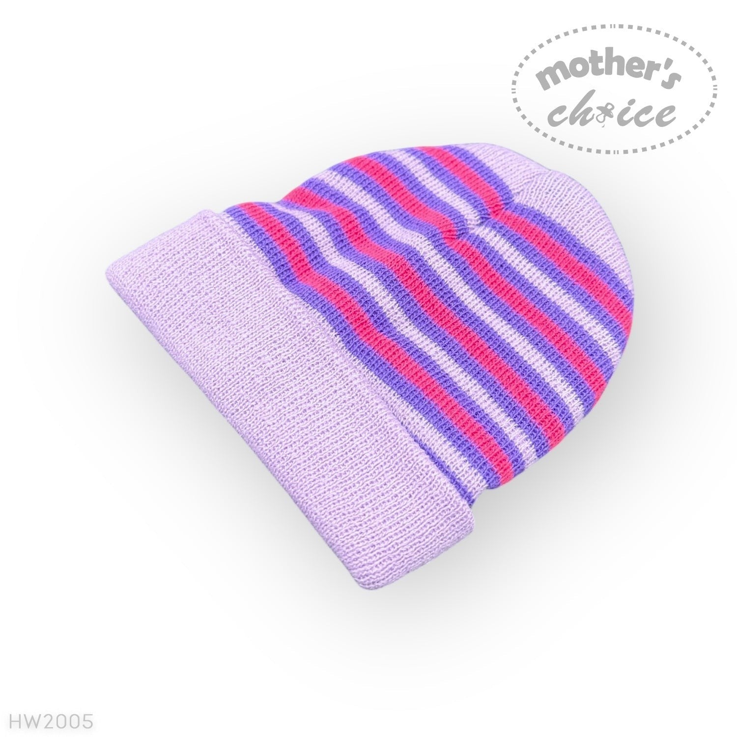 Purple and pink striped beanie on a white background with 'Mother's Choice' branding.