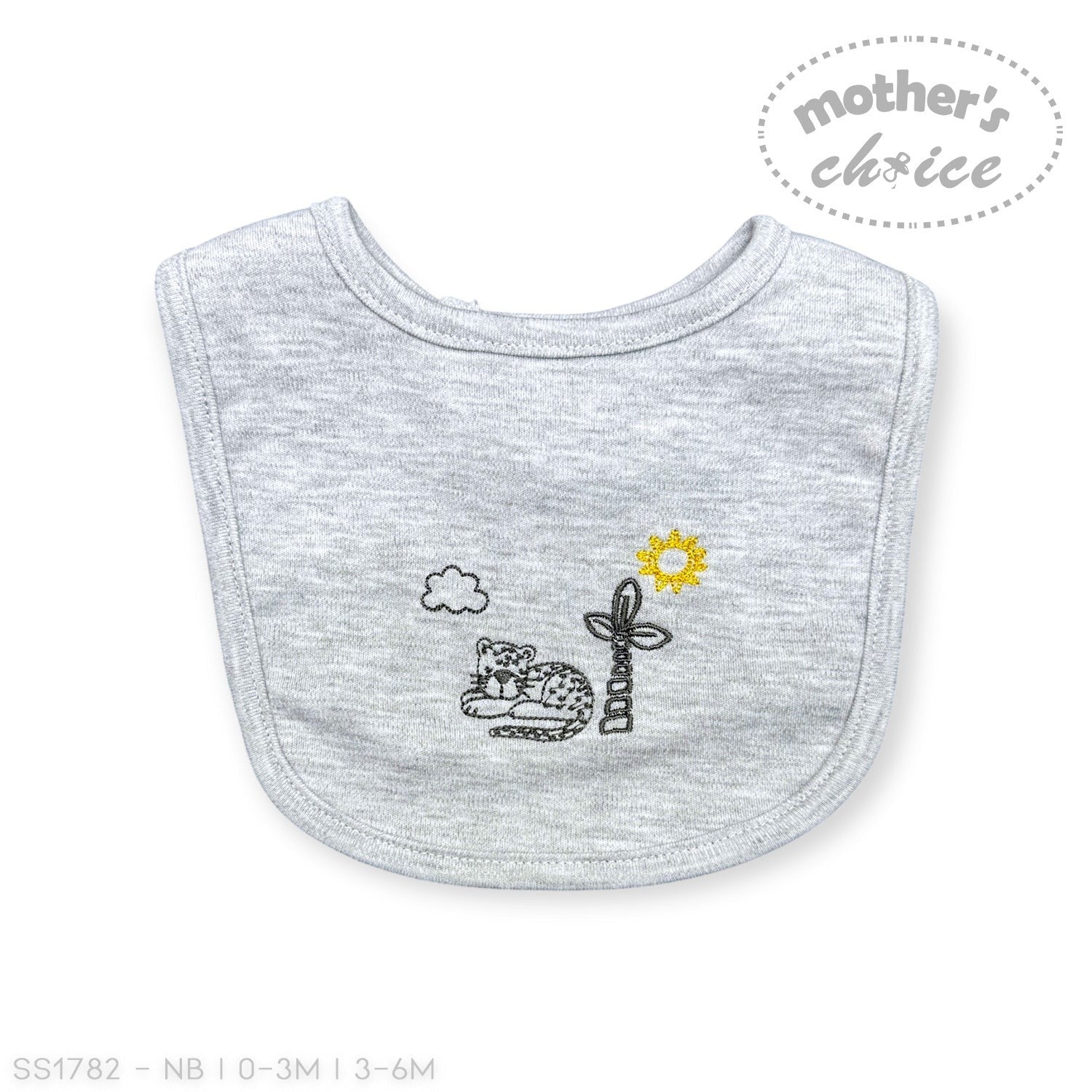 Gray baby bib with embroidered design on a white background