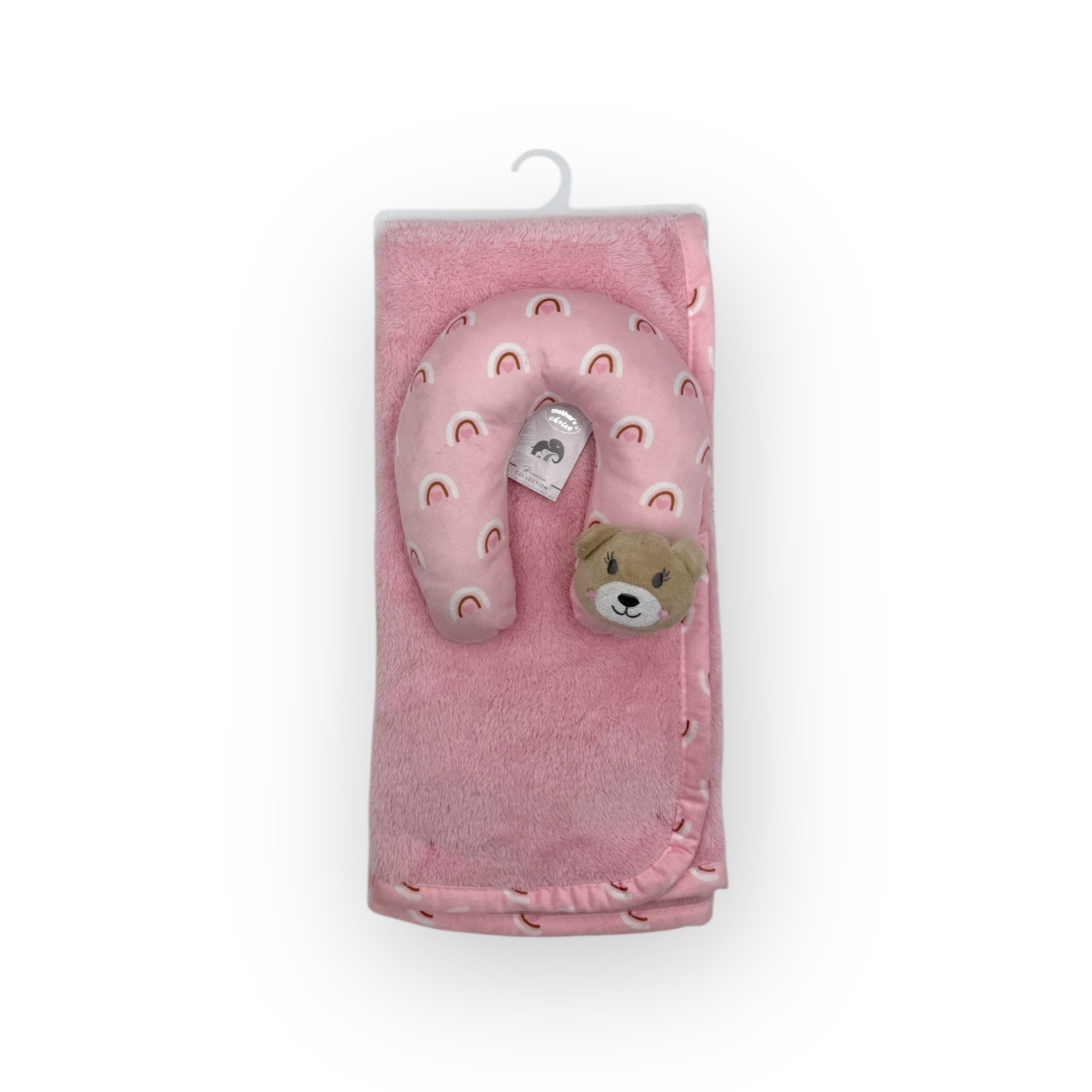 Pink towel with teddy bear design on a white background