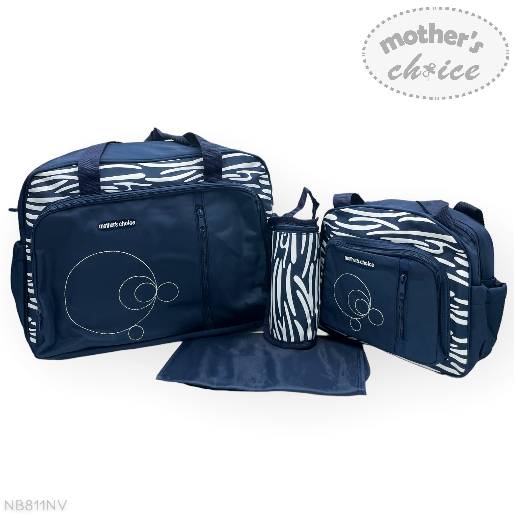 Navy blue bags with zebra pattern and 'Mother's Choice' branding on a white background