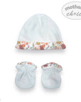Baby hat and booties set with floral trim on a white background, featuring 'Mother's Choice' branding.