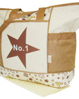 Tote bag with star design and 'No. 1' text on a white background