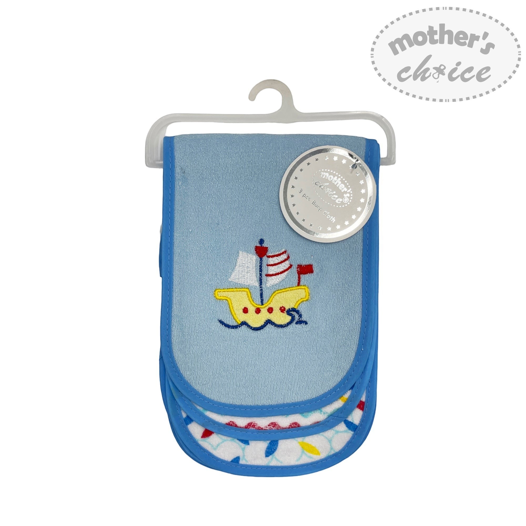 Baby bib with sailboat design on a hanger, branded 'Mother's Choice'.