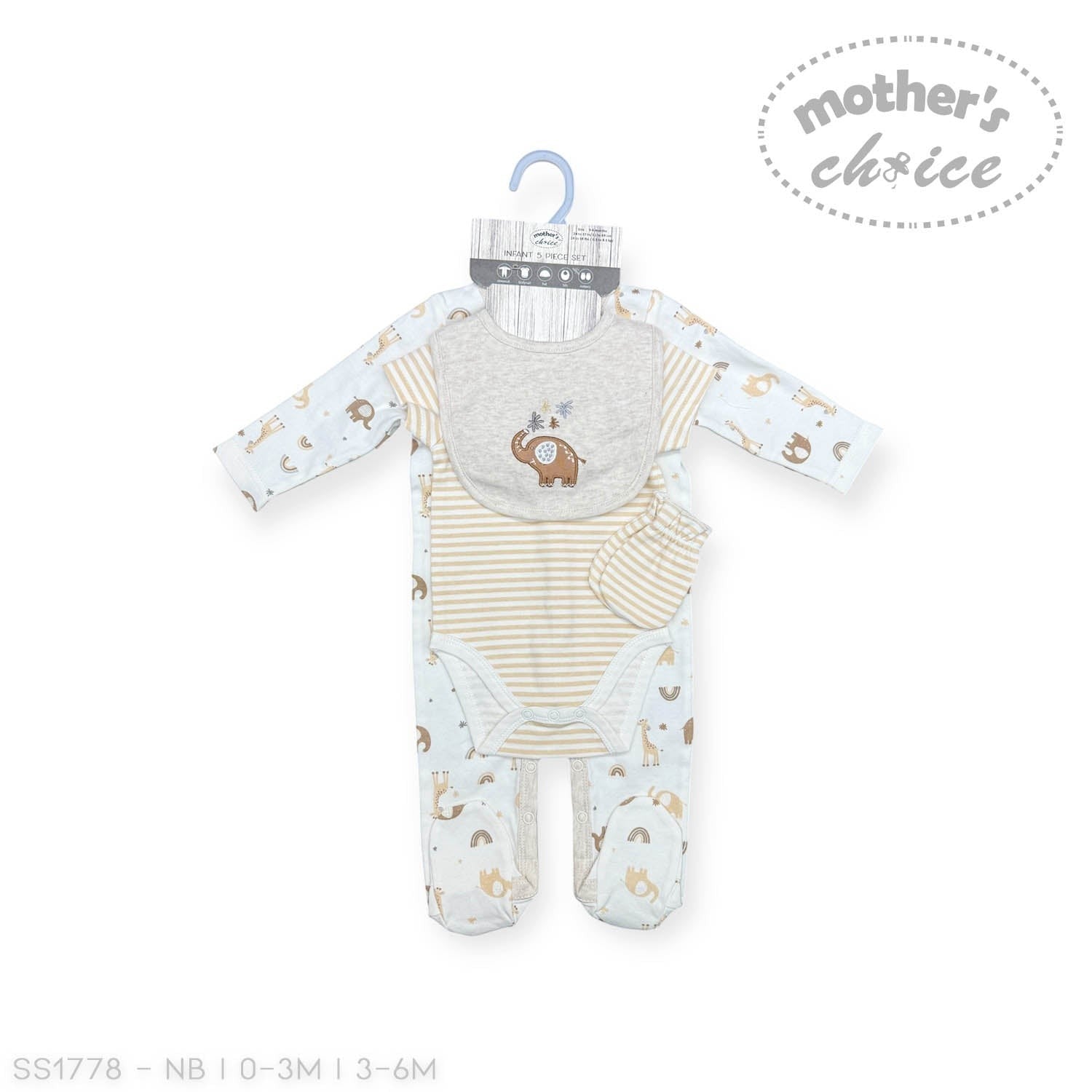 Baby onesie with elephant design on a hanger against a white background, featuring 'Mother's Choice' branding.