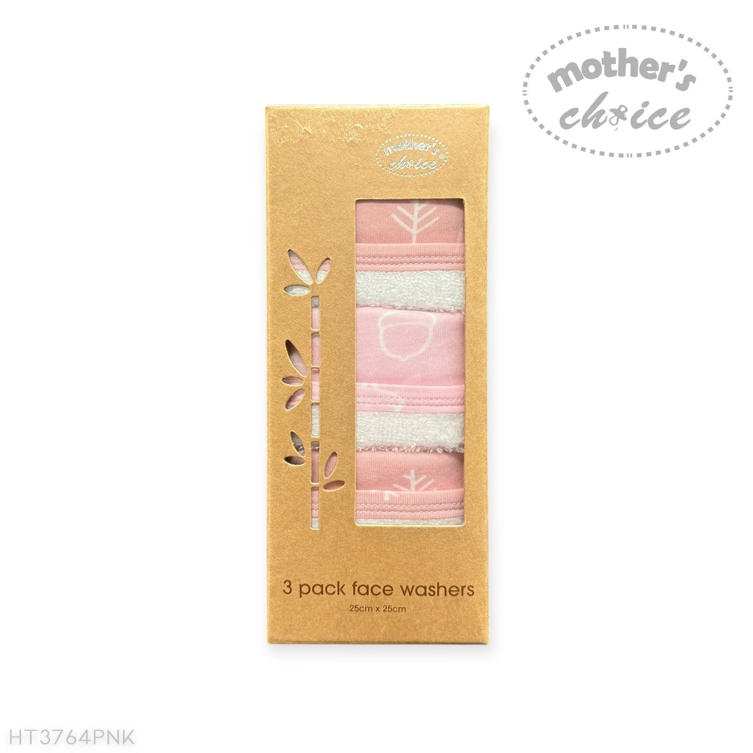 Pack of three face washers in a 'Mother's Choice' branded box on a white background
