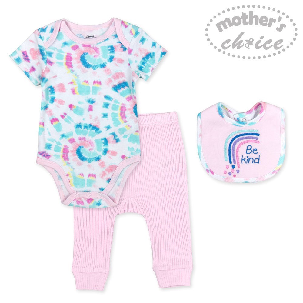 Baby clothing set with bodysuit, pants, and bib on a white background