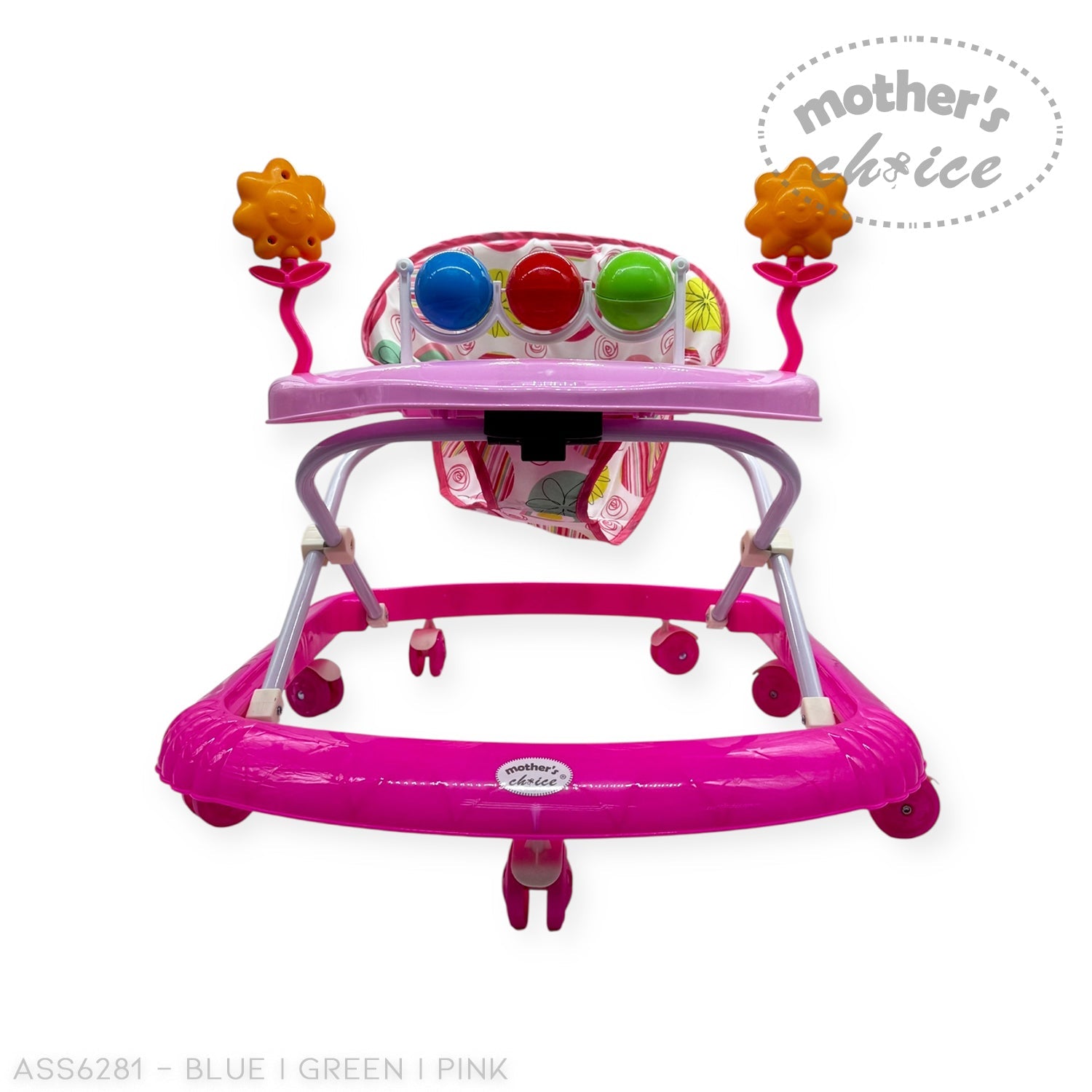 Pink baby walker with colorful buttons and toys on a white background