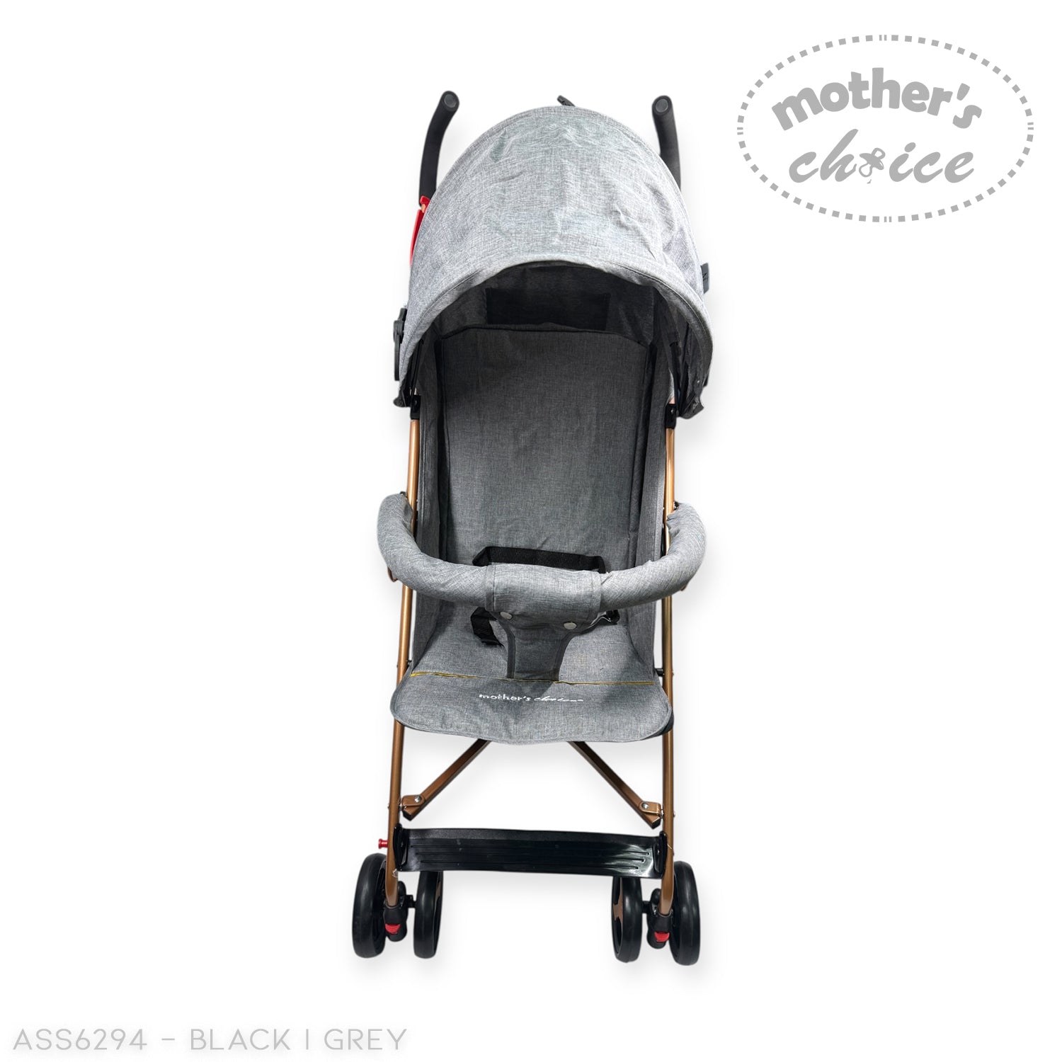 Gray baby stroller with 'Mother's Choice' branding on a white background