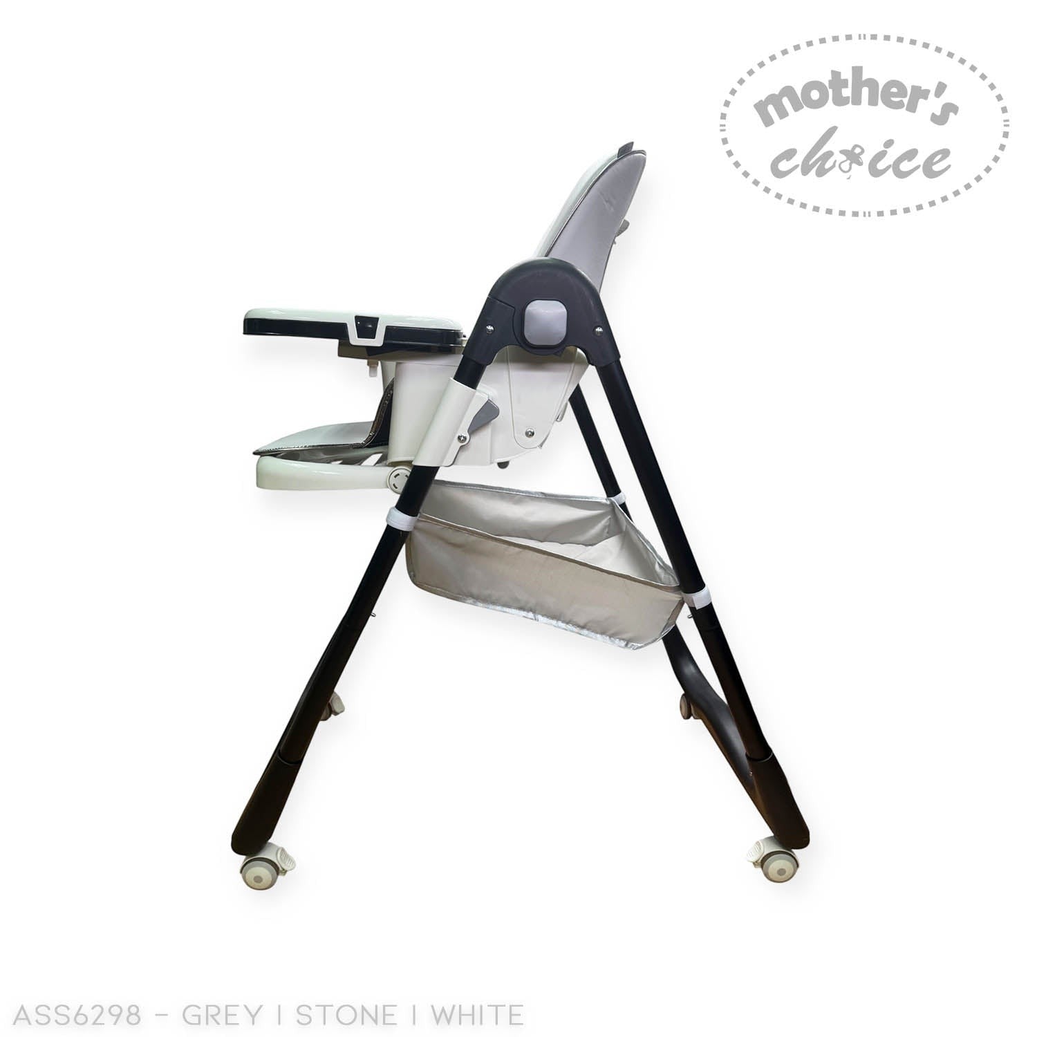 High chair with a tray on a white background, branded 'Mother's Choice'.
