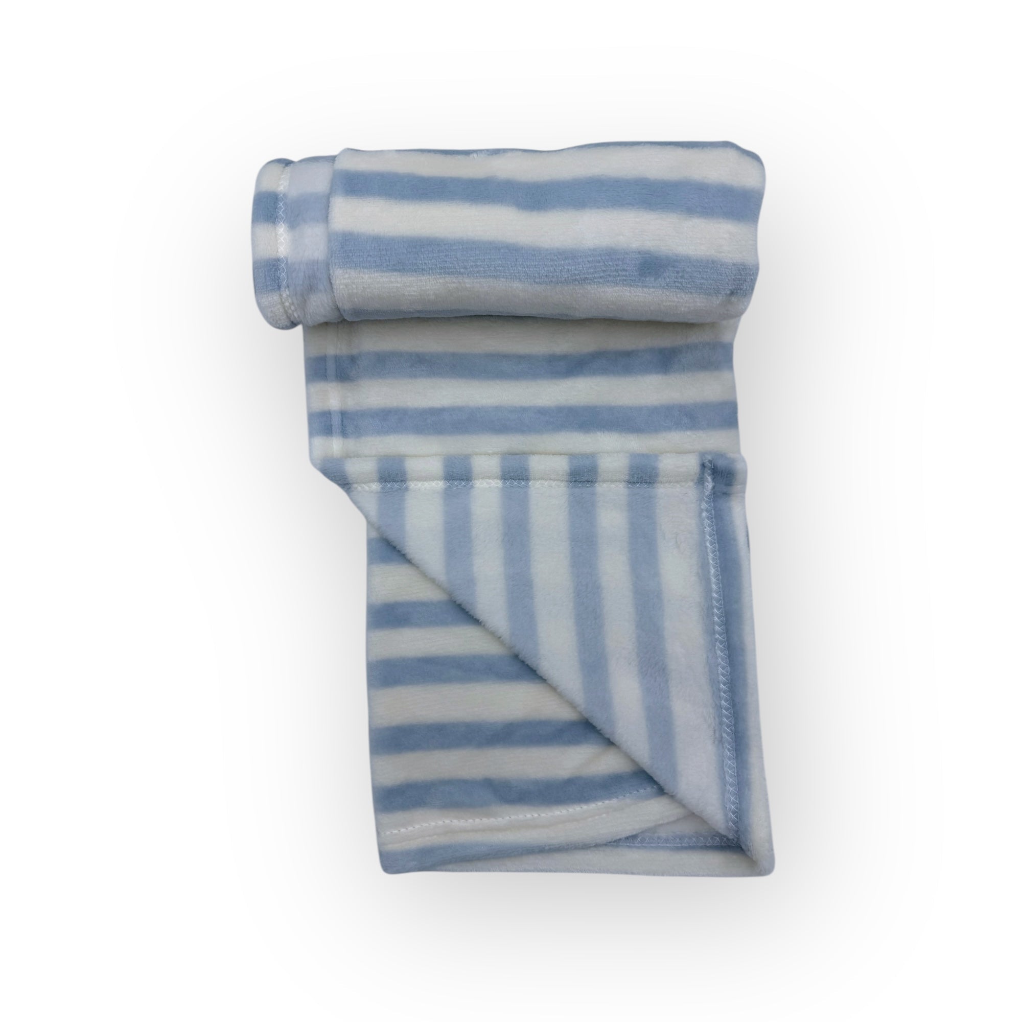 Rolled-up blue and white striped towel on a white background