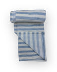 Rolled-up blue and white striped towel on a white background