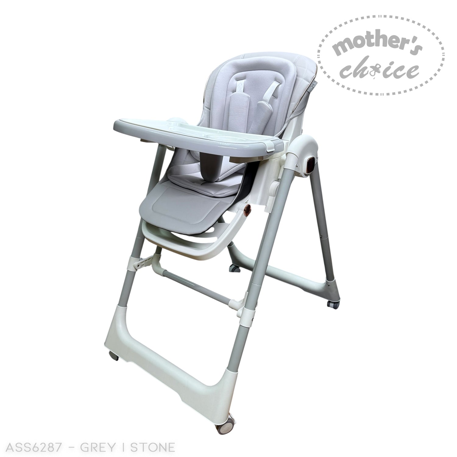 Gray high chair with 'Mother's Choice' branding on a white background