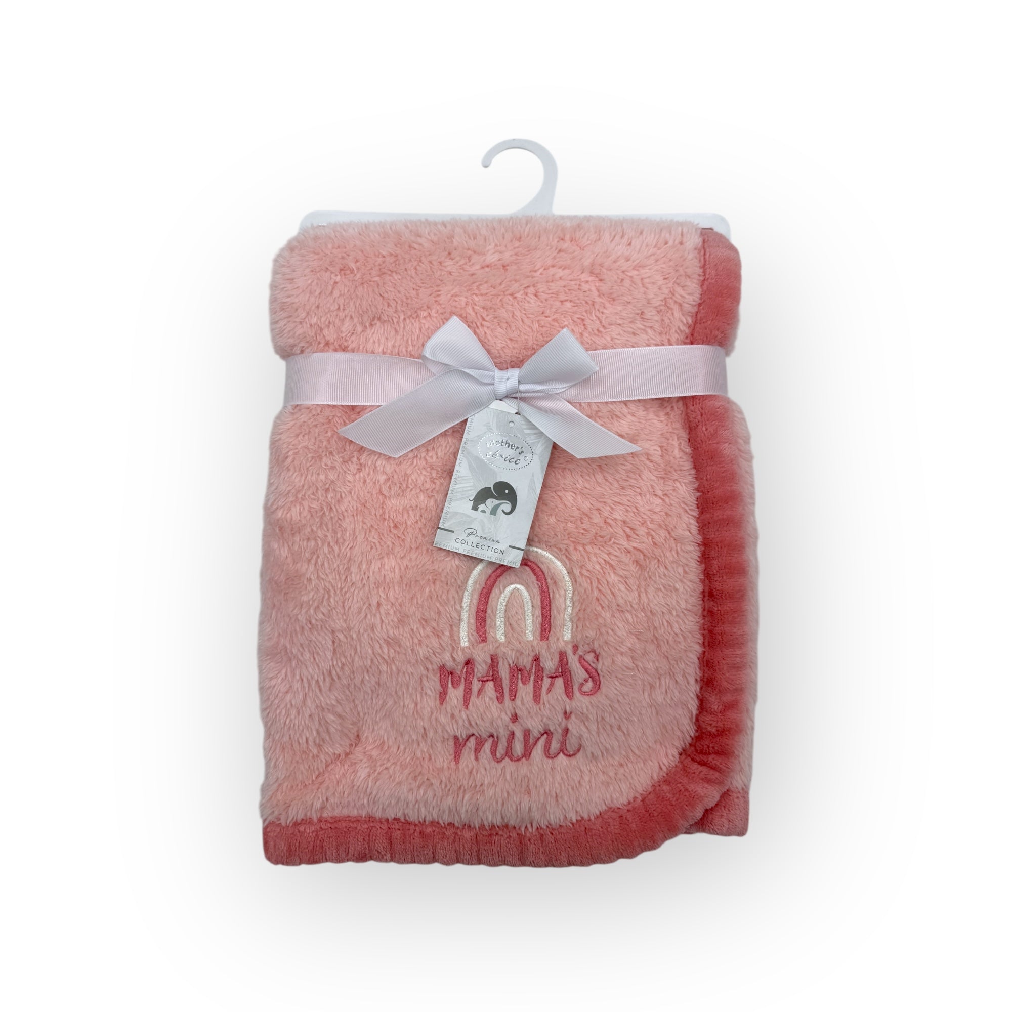 Pink baby blanket with 'Mama's Mini' text and rainbow design on a white background