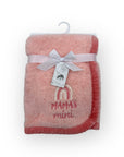 Pink baby blanket with 'Mama's Mini' text and rainbow design on a white background