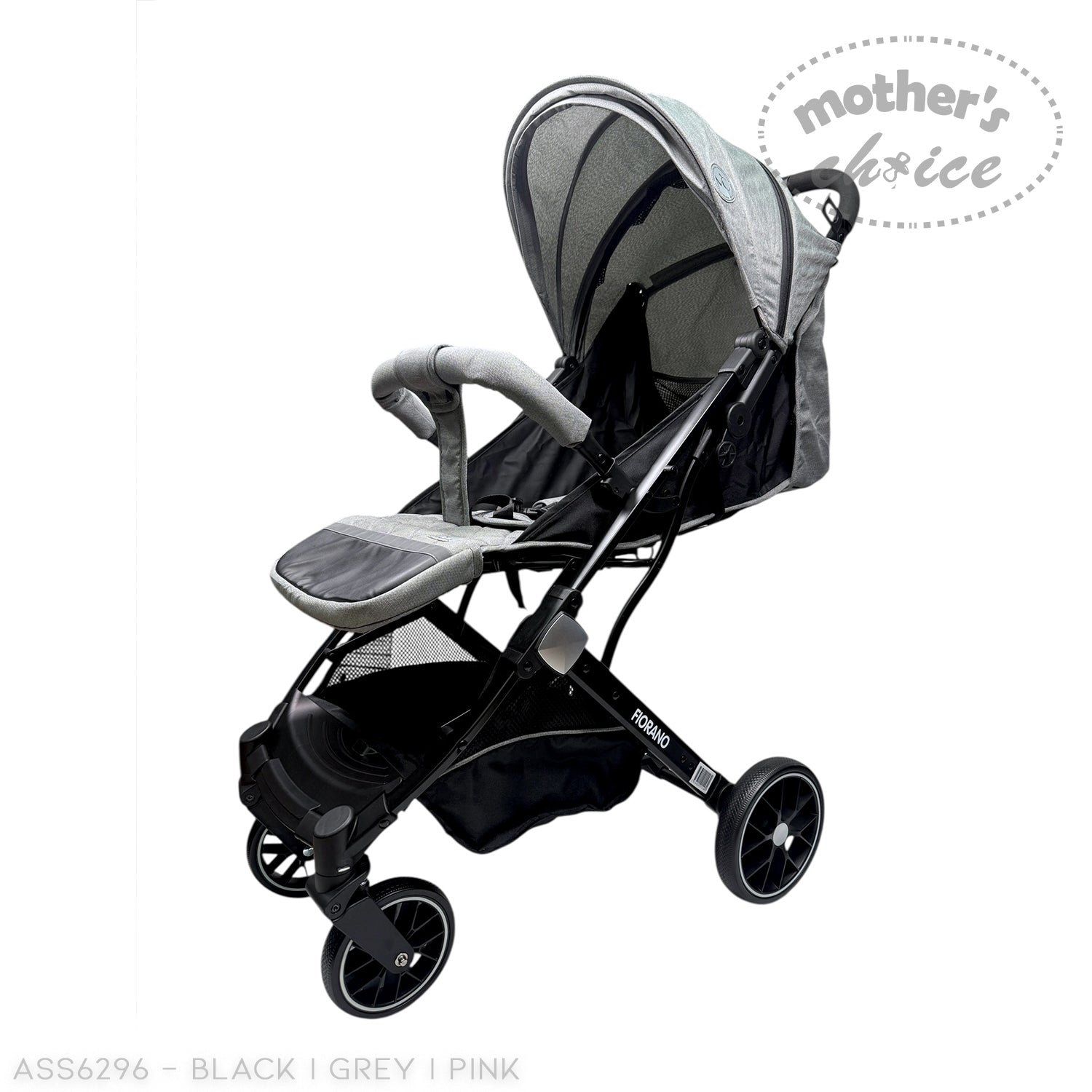 Black and gray stroller with 'Mother's Choice' branding on a white background