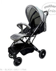 Black and gray stroller with 'Mother's Choice' branding on a white background